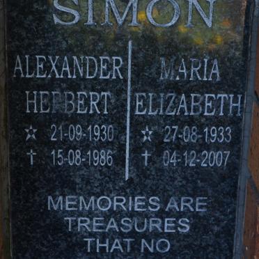 SIMON Alexander Herbert 1930-1986 &amp; Maria Elizabeth 1933-2007