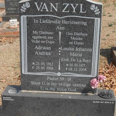 ZYL Adriaan Andries, van 1912-2003 &amp; Louisa Johanna Maria DE LA REY 1917-2006