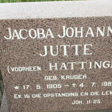 JUTTE Jacoba Johanna nee KRUGER voorheen HATTINGH 1905-1980