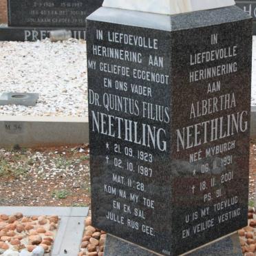 NEETHLING Quintus Filius 1923-1987 &amp; Albertha MYBURGH 1931-2001