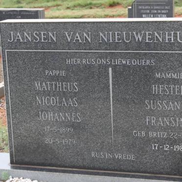 NIEUWENHUIZEN Mattheus Nicolaas Johannes, Jansen van 1899-1979 &amp; Hester Sussanna Fransina BRITZ 1905-1982
