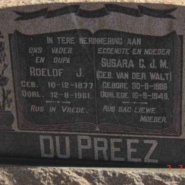 PREEZ Roelof J., du 1877-1961 &amp; Susara C.J.M. nee VAN DER WALT 1886-1949