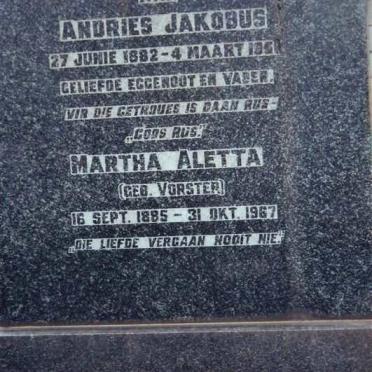 MERWE Andries Jakobus, van der 1882-1951 &amp; Martha Aletta VORSTER 1885-1967 