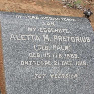 PRETORIUS Aletta M. nee PALM 1888-1918