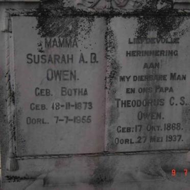 OWEN Theodorus C.S. 1868-1937 &amp; Susarah A.D. BOTHA 1873-1955