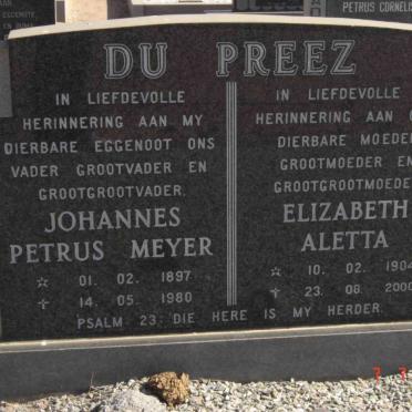 PREEZ Johannes Petrus Meyer, du 1897-1980 &amp; Elizabeth Aletta 1904-2000