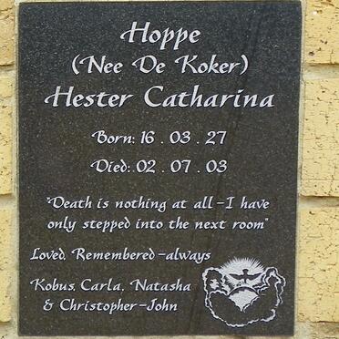 HOPPE Hester Catharina nee DE KOKER 1927-2003