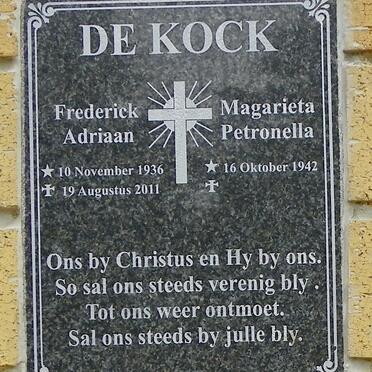 KOCK Frederick Adriaan, de 1936-2011 &amp; Magarieta Petronella 1942-