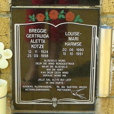 KOTZE Breggie Gertruida Aletta 1924-1998 :: HARMSE Louise-Mari 1990-1991
