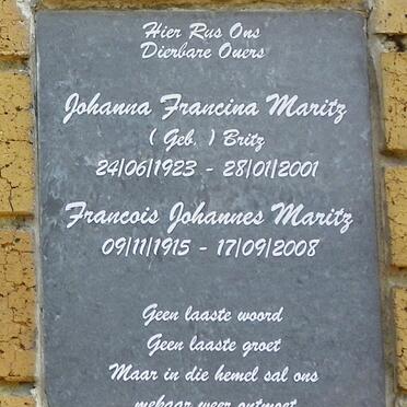 MARITZ Francois Johannes 1915-2008 &amp; Johanna Francina BRITZ 1923-2001