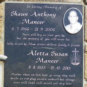 MANCER Aletta Susan 1933-2013 :: MANCER Shaun Anthony 1966-2006