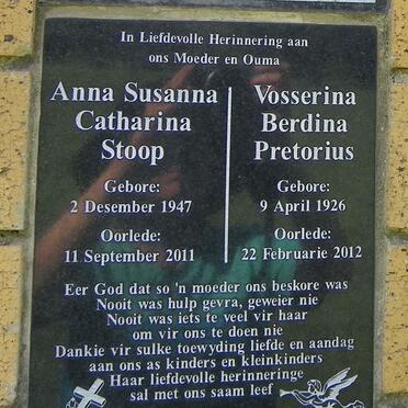 PRETORIUS Vosserina Berdina 1926-2012 :: STOOP Anna Susanna Catharina 1947-2011