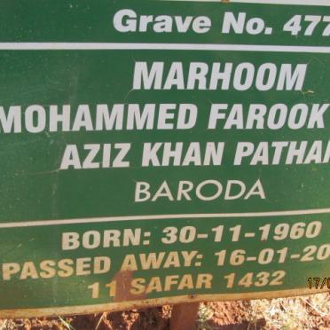 BARODA Marhoom Mohammed Farook Khan Aziz Khan Patham 1960-2011