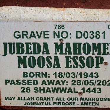 ESSOP Jubeda Mahomed Moosa 1943-2022