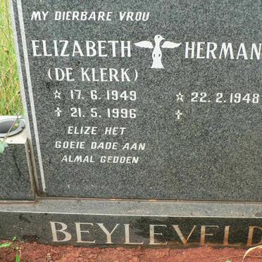 BEYLEVELD Hermanus 1948- &amp; Elizabeth DE KLERK 1949-1996