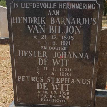BILJON Hendrik Barnardus, van 1898-1971 :: DE WIT Petrus Stephanus 1920-2009 &amp; Hester Johanna VAN BILJON 1930-1993