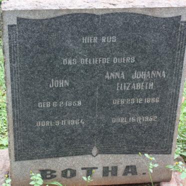 BOTHA John 1858-1964 &amp; Anna Johanna Elizabeth 1886-1952
