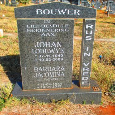 BOUWER Johan Lodewyk 1940-2009 &amp; Barbara Jacomina VAN NIEKERK 1941-2013