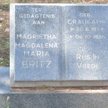 BRITZ Magrietha Magdalena Maria nee CRAUKAMP 1954-1985