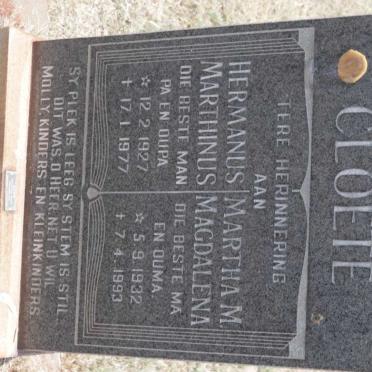 CLOETE Hermanus Marthinus 1927-1977 &amp; Martha M. Magdalena 1932-1993