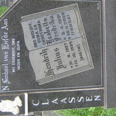 CLAASSEN Hendrik Julius 1927-1985 &amp; Isabella Fredrika 1931-2009