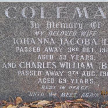 COLEMAN Charles William -1965 &amp; Johanna Jacoba -1960