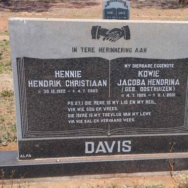 DAVIS Hendrik Christiaan 1922-2003 & Jacoba Hendrina OOSTHUIZEN 1926-2001  