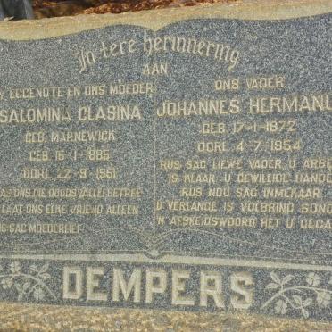 DEMPERS Johannes Hermanus 1872-1954 &amp; Salomina Clasina MARNEWICK 1885-1951