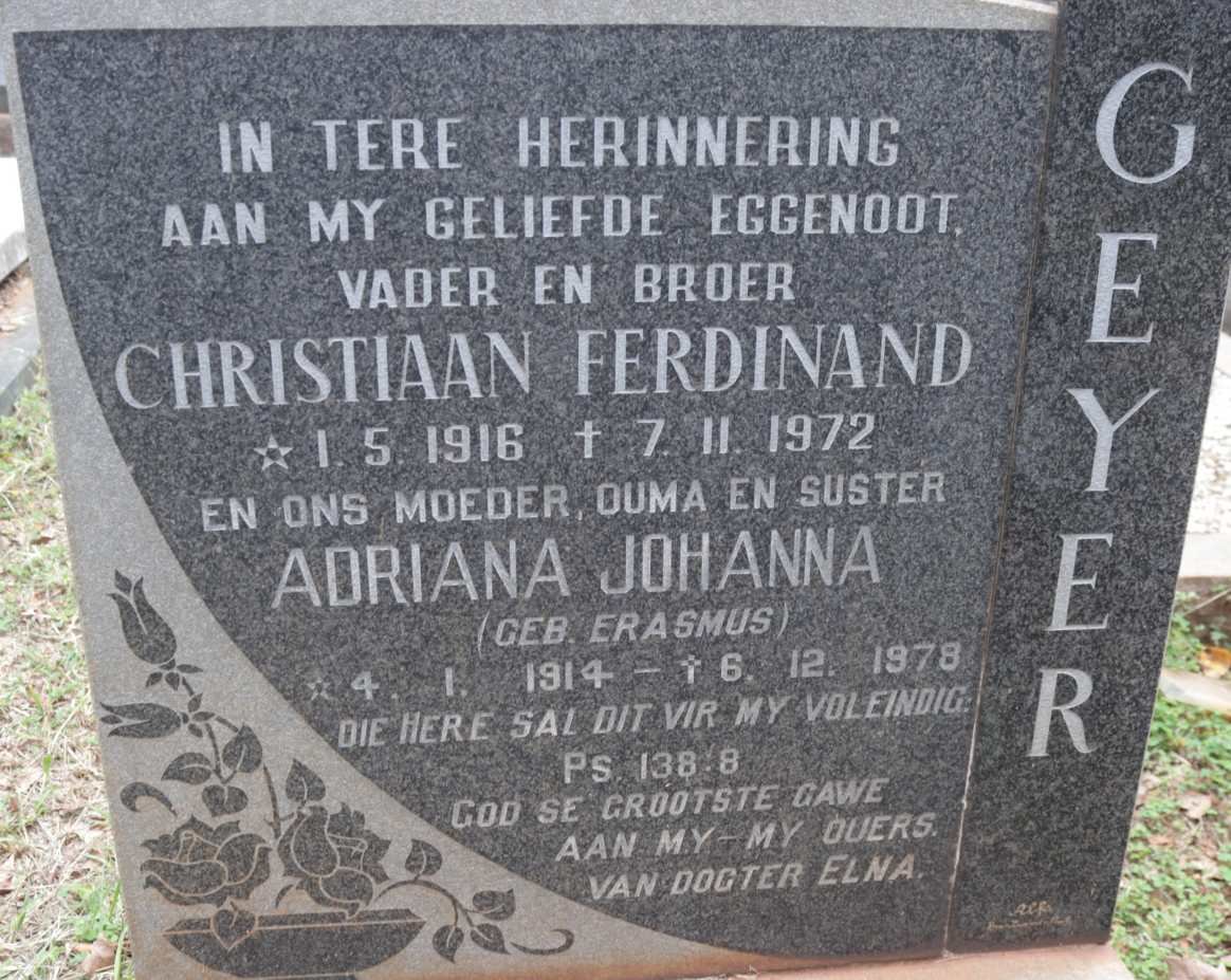 GEYER Christiaan Ferdinand 1916-1972 &amp; Adriana Johanna ERASMUS 1914-1978
