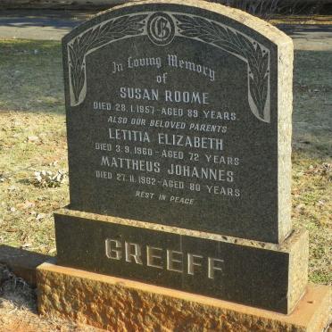GREEFF Mattheus Johannes -1962 &amp; Letitia Elizabeth -1960 :: ROOME Susan -1957
