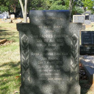 HANEKOM Dirk Andries 1867-1942 &amp; Anna Johanna MULDER 1879-1954