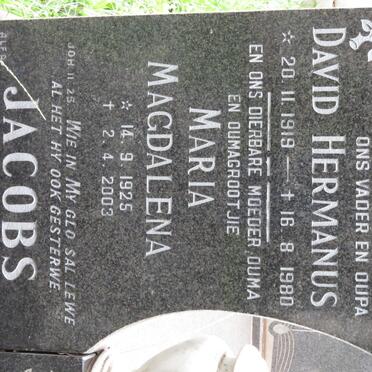 JACOBS David Hermanus 1919-1980 &amp; Maria Magdalena 1925-2003