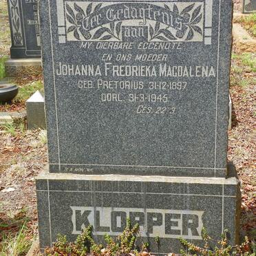 KLOPPER Johanna Fredrieka Magdalena nee PRETORIUS 1897-1945