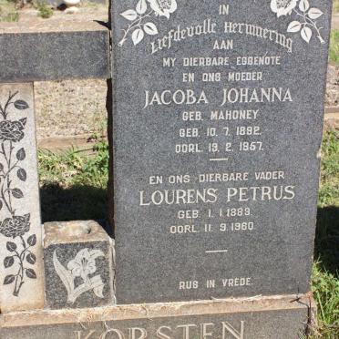 KORSTEN Lourens Petrus 1889-1960 &amp; Jacoba Johanna MAHONEY 1892-1957