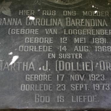 KRUGER Susanna Carolina Barendina nee VAN LOGGERENBERG 1891-1968 :: ORTON Martha J. 1923-1973