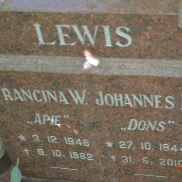 LEWIS Johannes H. 1944-2010 &amp; Francina W. 1946-1982