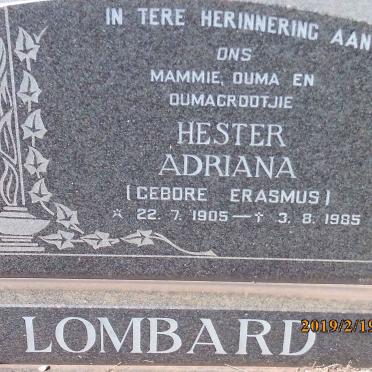 LOMBARD Hester Adriana nee ERASMUS 1905-1985