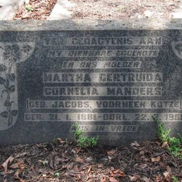 MANDERS Martha Gertruida Cornelia previously KOTZE nee JACOBS 1881-1959