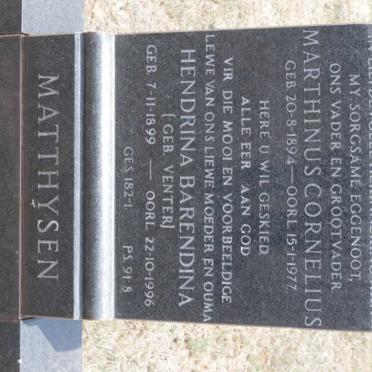 MATTHYSEN Marthinus Cornelius 1894-1977 &amp; Hendrina Barendina  VENTER 1899-1996