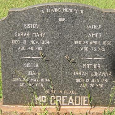 McCREADIE James -1955 &amp; Sarah Johanna -1951 :: McCREADIE Sarah Mary -1954 :: McCREADIE Ida -1994
