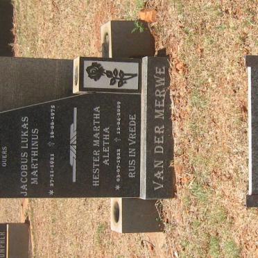 MERWE Jacobus Lukas Marthinus, van der 1921-1975 &amp; Hester Martha Aletha 1922-2009