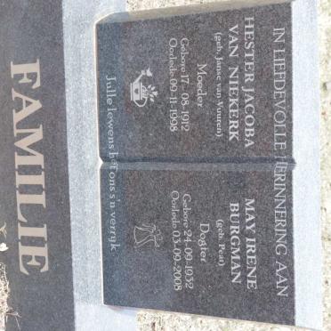 NIEKERK Hester Jacoba, van nee JANSE VAN VUUREN 1912-1998 :: BURGMAN May Irene nee PEAT 1932-2008