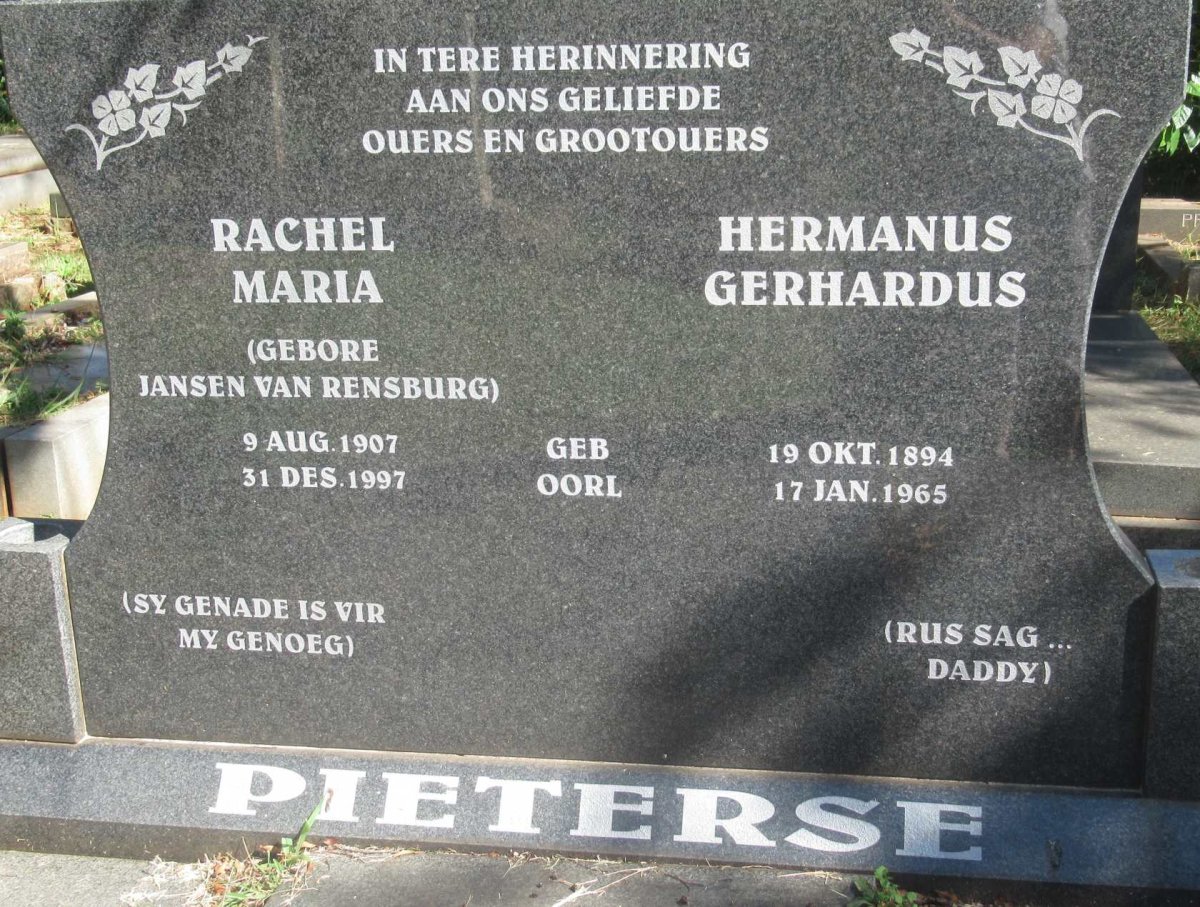 PIETERSE Hermanus Gerhardus 1894-1965 &amp; Rachel Maria JANSEN VAN RENSBURG 1907-1997