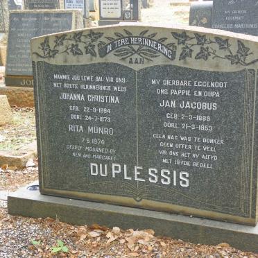 PLESSIS Jan Jacobus, du 1889-1953 &amp; Johanna Christina 1894-1973 :: MUNRO Rita -1974