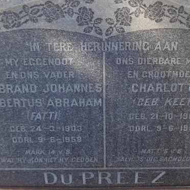 PREEZ Sybrand Johannes Albertus Abraham, du 1903-1958 &amp; Charlotte KEET 1902-1961