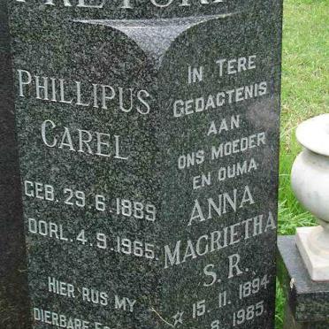 PRETORIUS Phillipus Carel 1889-1965 &amp; Anna Magrietha S.R. 1894-1985