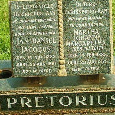 PRETORIUS Jan Daniel Jacobus 1888-1961 &amp; Martha Johanna Margaretha DU TOIT 1885-1979