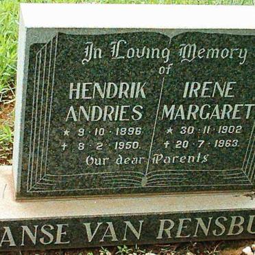 RENSBURG Hendrik Andries, Janse van 1896-1950 &amp; Irene Margaret 1902-1963
