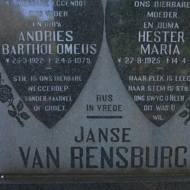 RENSBURG Andries Bartholomeus, Janse van 1922-1979 &amp; Hester Maria 1925-1991