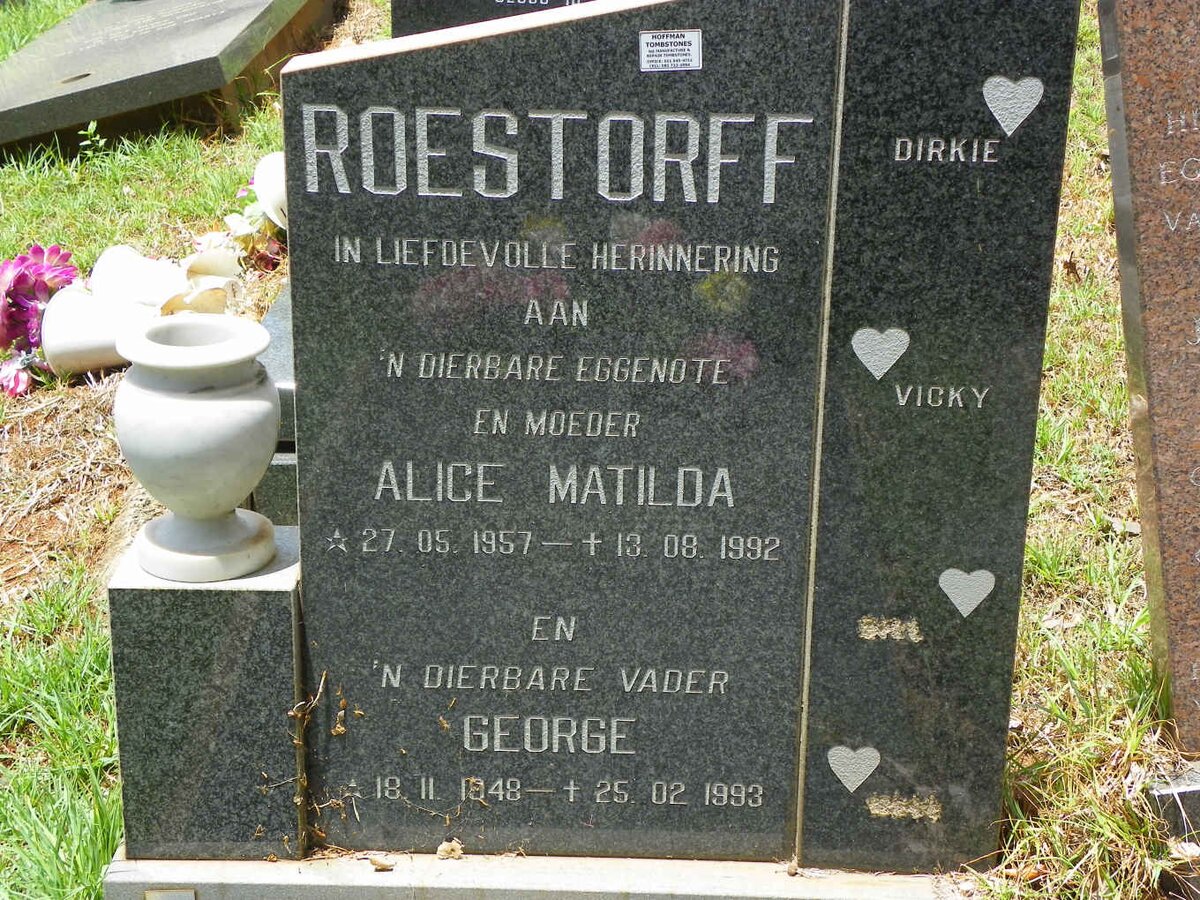 ROESTORFF George 1948-1993 &amp; Alice Matilda 1957-1992